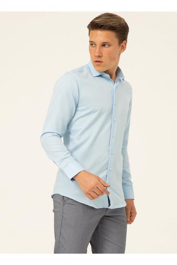 SÜVARİ Klasik Yaka Armürlü Mavi - Buz Erkek Gömlek - Resim 3