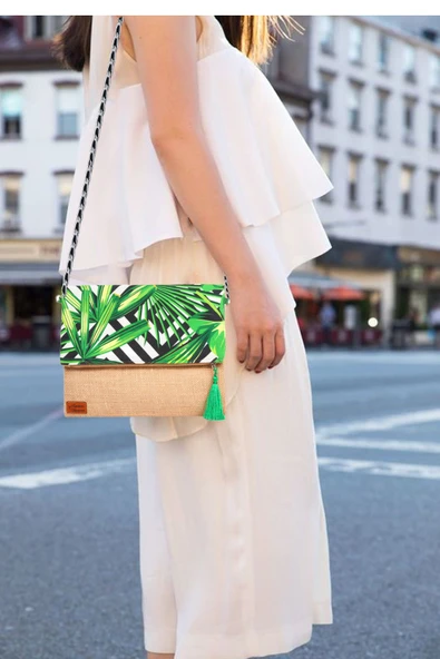 Kadın Portföy & Clutch & 0muz Çantası Yeşil Beyaz - Resim 2