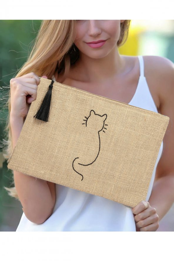 Ju Yaratıcı Tasarım Hasır Kadın Portföy & Clutch Çanta Kedi ürün görseli