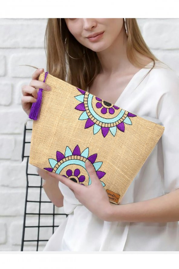 Ju Yaratıcı Tasarım Hasır Kadın Portföy & Clutch Üçgen Çanta Mor ürün görseli