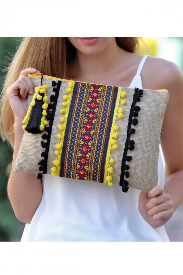 YARATICI TASARIM Hasır Kadın Portföy & Clutch Çanta Ponponlu Otantik Desen ürün görseli