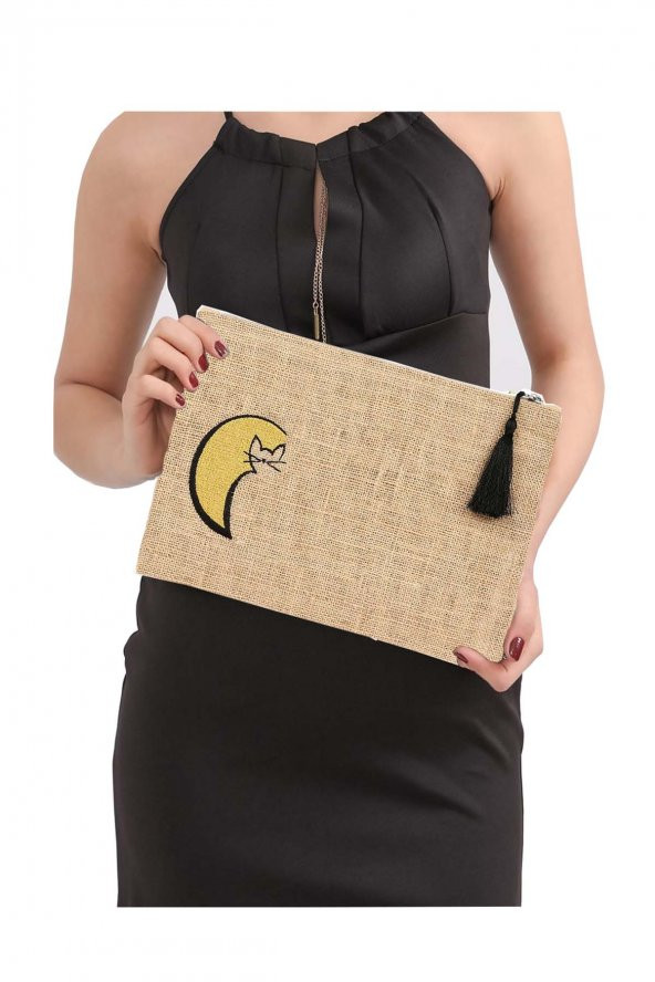 Yaratıcı Tasarım Hasır  Kadın Portföy & Clutch Çanta Kedi