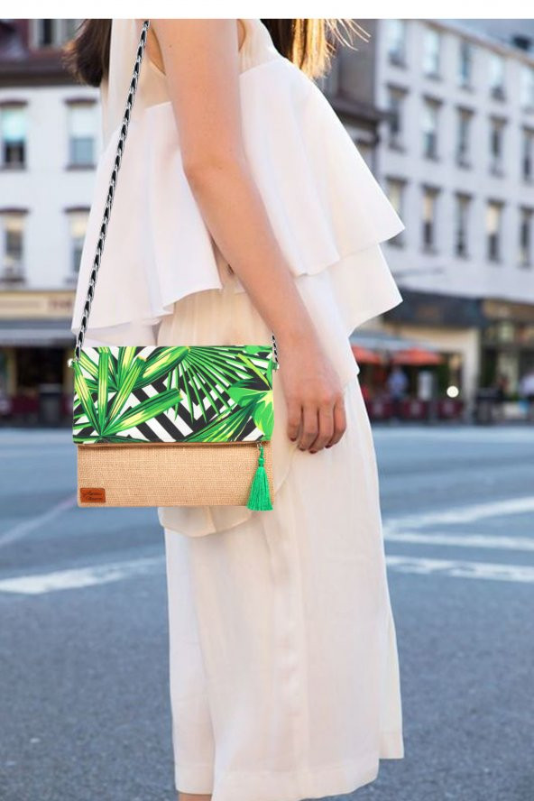 Ju Yaratıcı Tasarım  Kadın Portföy & Clutch & 0muz Çantası Yeşil Beyaz - Resim 2