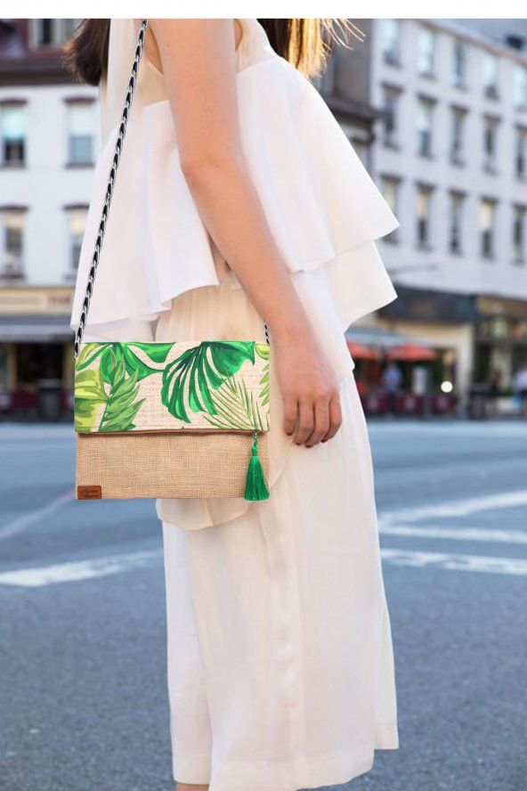 Ju Yaratıcı Tasarım  Kadın Portföy & Clutch & 0muz Çantası Yeşil Bej - Resim 2