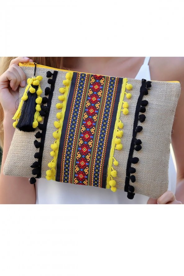 YARATICI TASARIM Hasır Kadın Portföy & Clutch Çanta Ponponlu Otantik Desen - Resim 2