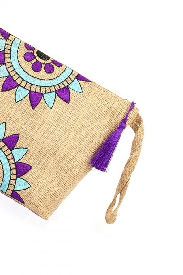 Ju Yaratıcı Tasarım Hasır Kadın Portföy & Clutch Üçgen Çanta Mor - Resim 4