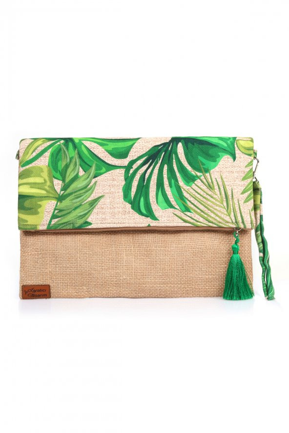 Ju Yaratıcı Tasarım  Kadın Portföy & Clutch & 0muz Çantası Yeşil Bej - Resim 3