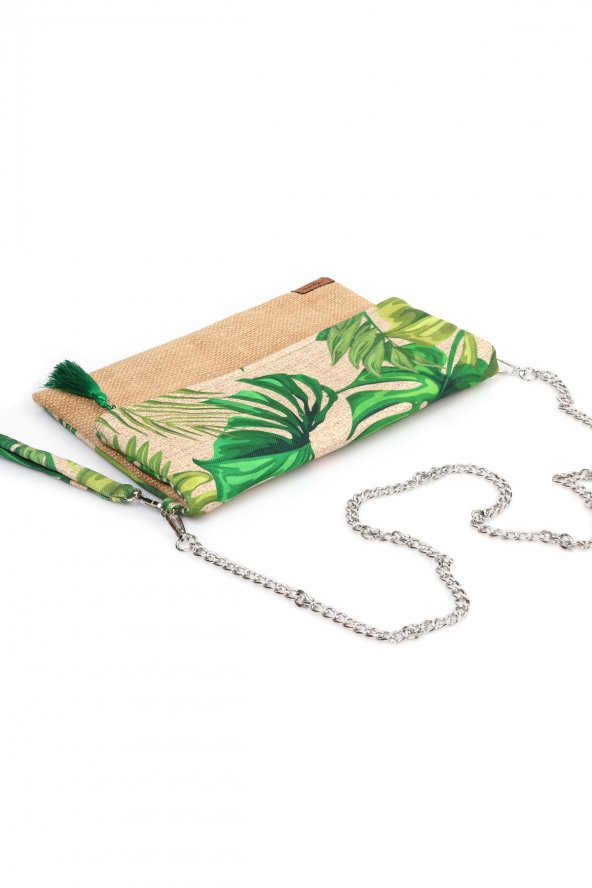 Ju Yaratıcı Tasarım  Kadın Portföy & Clutch & 0muz Çantası Yeşil Bej - Resim 4