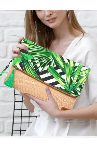 Kadın Portföy & Clutch & 0muz Çantası Yeşil Beyaz ürün görseli 1