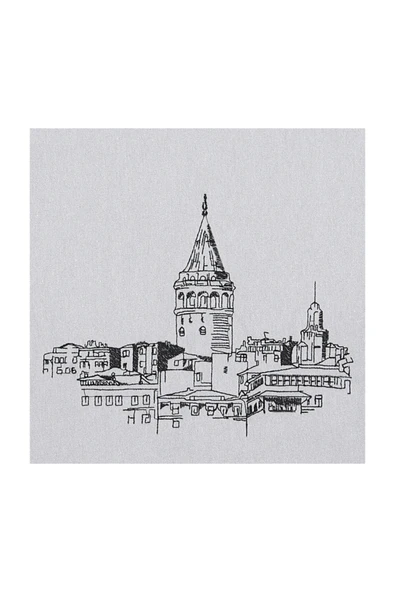 Bez Omuz Çantası Nakışlı Galata Kulesi Gri - Resim 3