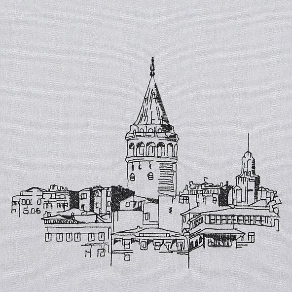 Bez Omuz Çantası Nakışlı Galata Kulesi Gri - 3