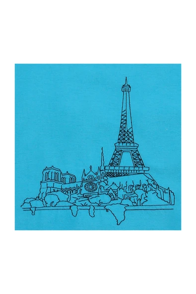 Bez Omuz Çantası Nakışlı Eyfel Kulesi Turkuaz - Resim 3