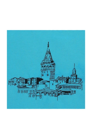 Bez Omuz Çantası Nakışlı Galata Kulesi Turkuaz - Resim 3