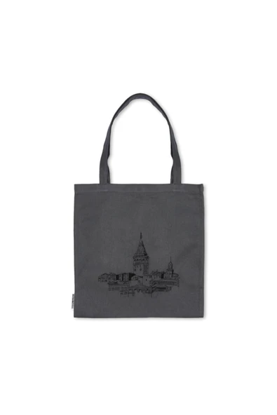 Bez Omuz Çantası Nakışlı Galata Kulesi Antrasit - Resim 3