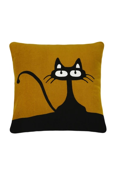 Yastık Kırlent Kılıfı Kedili Hardal Zemin ürün görseli 1