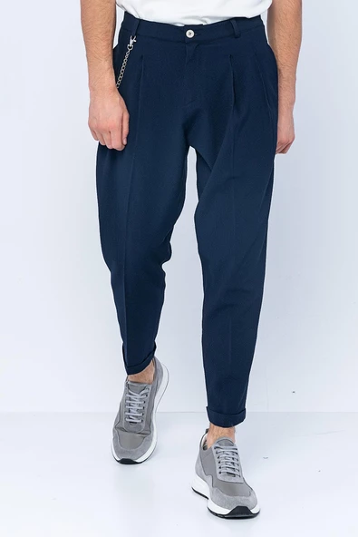 Erkek Pileli Düğmeli Fermuarlı Zincir Detaylı Kısa Paça Bürümcük Kumaş Rahat Pantolon - 10