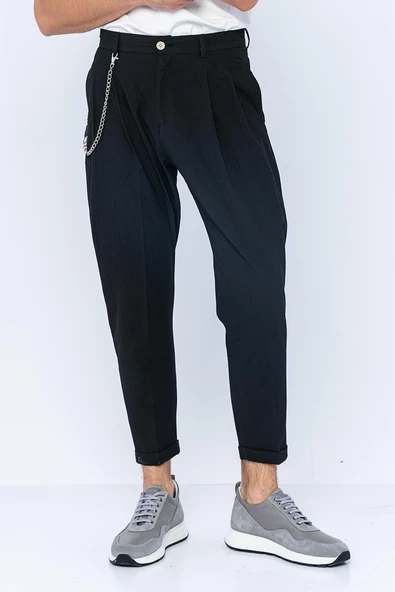 Erkek Pileli Düğmeli Fermuarlı Zincir Detaylı Kısa Paça Bürümcük Kumaş Rahat Pantolon - 2