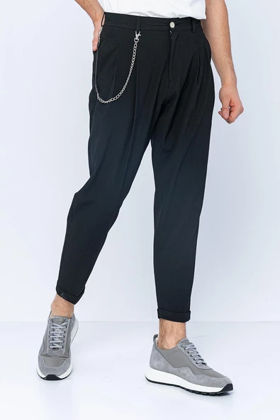 Erkek Pileli Düğmeli Fermuarlı Zincir Detaylı Kısa Paça Bürümcük Kumaş Rahat Pantolon - 9