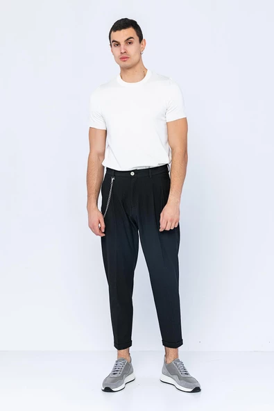 Erkek Pileli Düğmeli Fermuarlı Zincir Detaylı Kısa Paça Bürümcük Kumaş Rahat Pantolon - 3