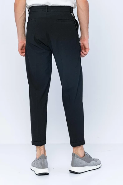 Erkek Pileli Düğmeli Fermuarlı Zincir Detaylı Kısa Paça Bürümcük Kumaş Rahat Pantolon - 6