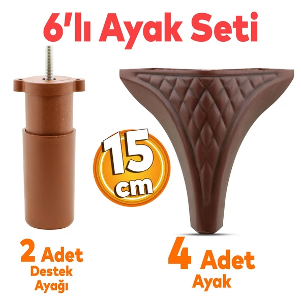 Petek 6'lı Set Mobilya Tv Ünitesi Çekyat Koltuk Kanepe Destek Ayağı 15 Cm Kahverengi Baza Ayakları