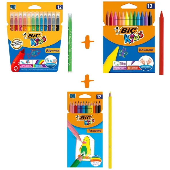 Bic Boyama Seti Kuru Boya 12li + Keçeli Boya 12li + Mum Pastel Boya 12li