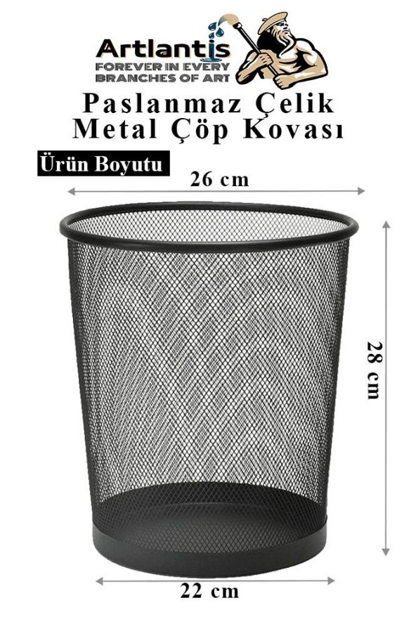 Çöp Kovası Paslanmaz Çelik Siyah Fileli 1 Adet Ofis Büro Okul vb.Çöp Kovası Metal Delikli Kolay Kullanım - 2