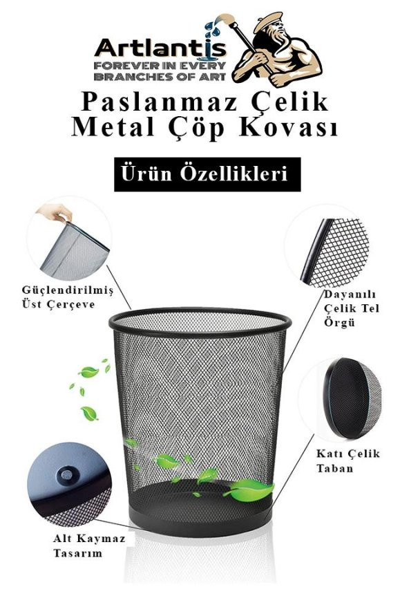 Çöp Kovası Paslanmaz Çelik Siyah Fileli 1 Adet Ofis Büro Okul vb.Çöp Kovası Metal Delikli Kolay Kullanım - 3