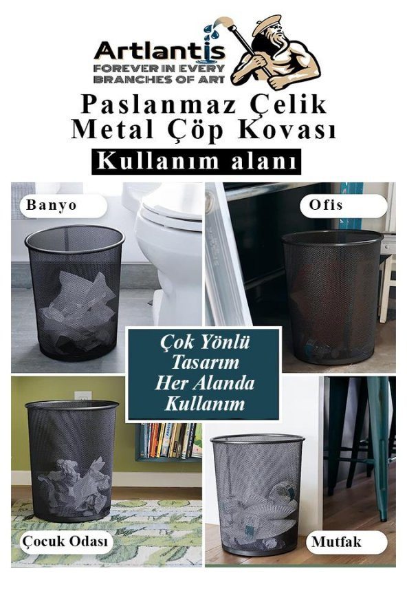 Çöp Kovası Paslanmaz Çelik Siyah Fileli 1 Adet Ofis Büro Okul vb.Çöp Kovası Metal Delikli Kolay Kullanım - 4