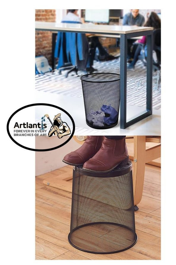 Çöp Kovası Paslanmaz Çelik Siyah Fileli 2 Adet Ofis Büro Okul vb.Çöp Kovası Metal Delikli Kolay Kullanım - 5