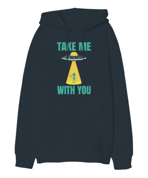 Take Me With You Alien Baskılı Füme Oversize Unisex Kapüşonlu Sweatshirt