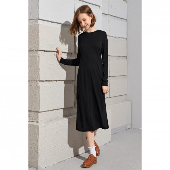Kız Çocuk Uzun Kollu Yandan Yırtmaçlı Siyah Penye Düz Elbise  4006-301