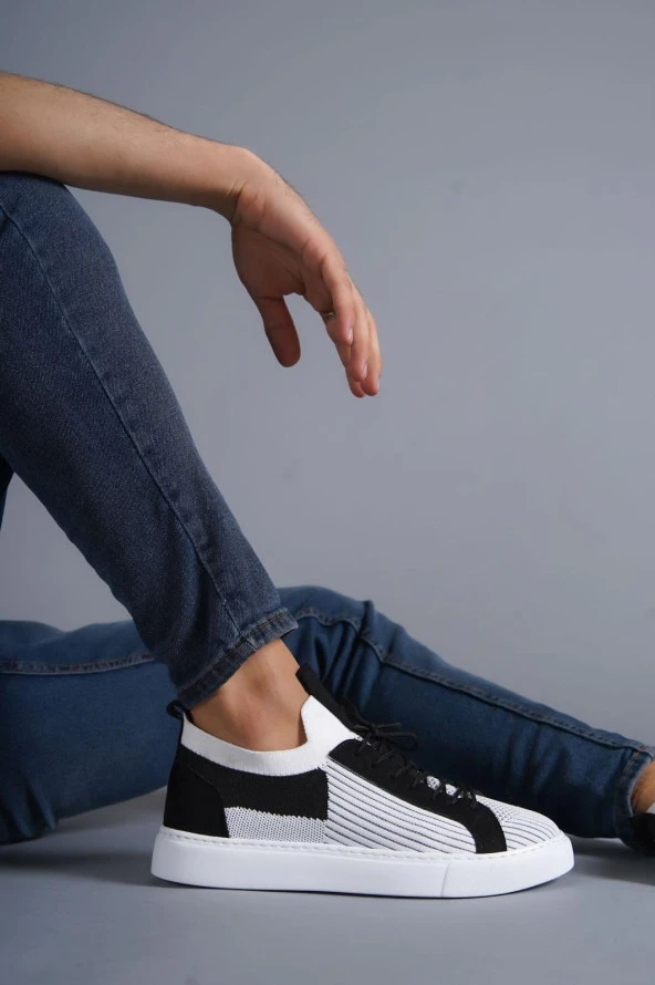 KB-112  Beyaz Siyah Triko Bağcıklı  Günlük Erkek  Ayakkabı - Resim 2