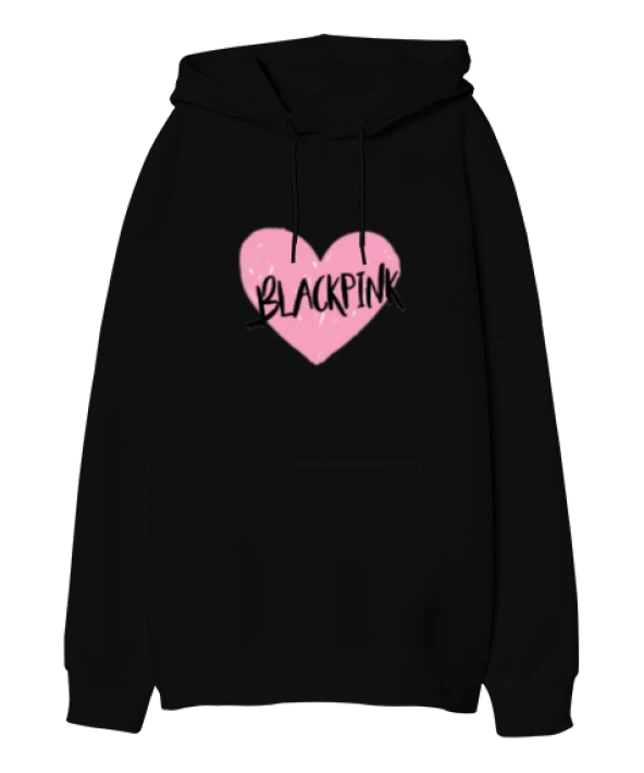 Blackpink Kpop Pink Heart Siyah Oversize Unisex Kapüşonlu Sweatshirt