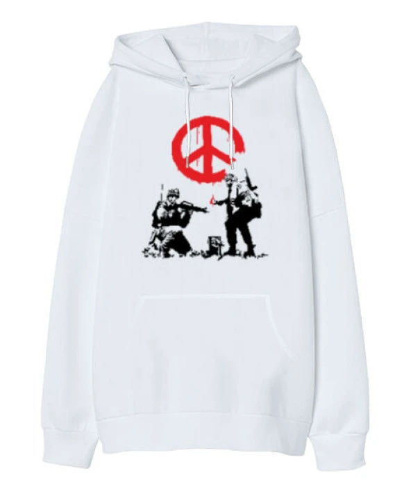 Savaş ve Barış Beyaz Oversize Unisex Kapüşonlu Sweatshirt
