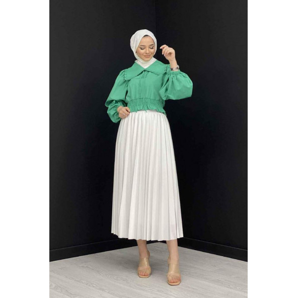 Deri Görünümlü Pliseli Etek  Özel Gün Parlak Etek Tesettür Etek - 2