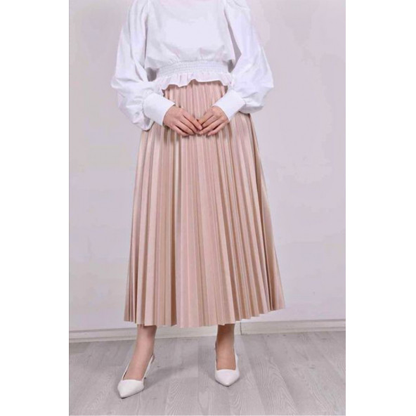 Deri Görünümlü Pliseli Etek  Özel Gün Parlak Etek Tesettür Etek - 4