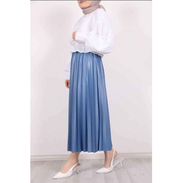 Deri Görünümlü Pliseli Etek  Özel Gün Parlak Etek Tesettür Etek - 5