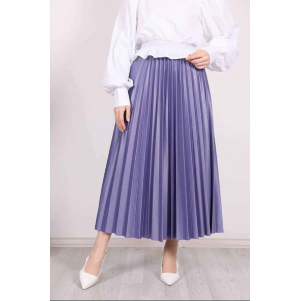 Deri Görünümlü Pliseli Etek  Özel Gün Parlak Etek Tesettür Etek - 6