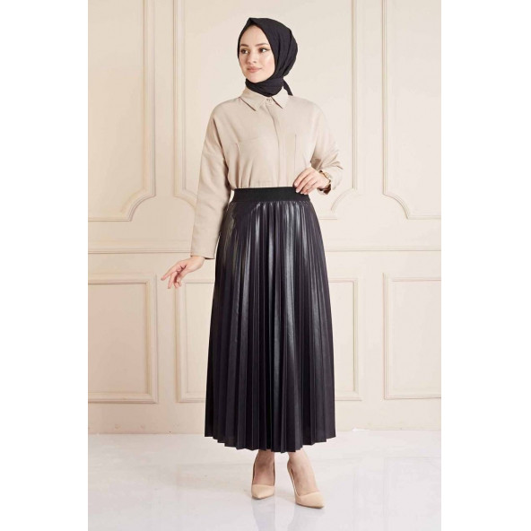 Deri Görünümlü Pliseli Etek  Özel Gün Parlak Etek Tesettür Etek - 7