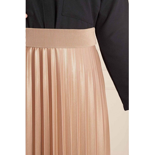 Deri Görünümlü Pliseli Etek  Özel Gün Parlak Etek Tesettür Etek - 9