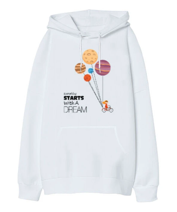 Starts Dream Beyaz Oversize Unisex Kapüşonlu Sweatshirt