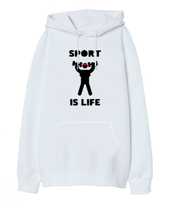 Sport Is Life Stickman Beyaz Oversize Unisex Kapüşonlu Sweatshirt