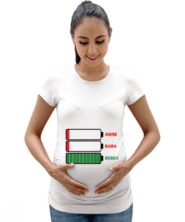 Mizahi Anne Baba Bebek Pil Batarya Seviyesi  Beyaz Kadın Hamile Tişört