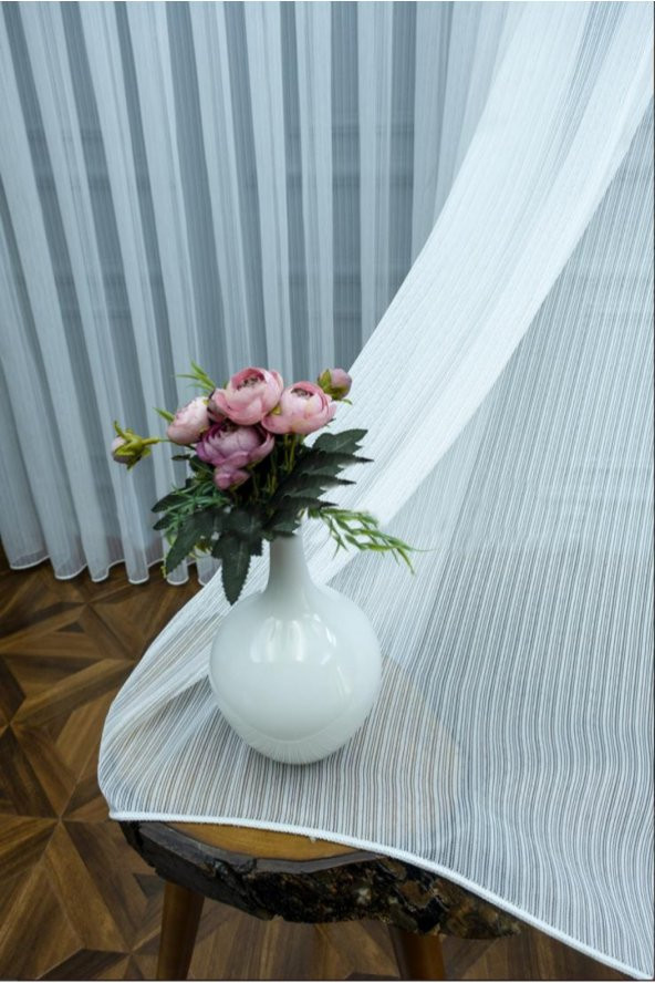 Düz Boyuna Çizgili Tül Perde,  100x270, Seyrek Pile, 1/2