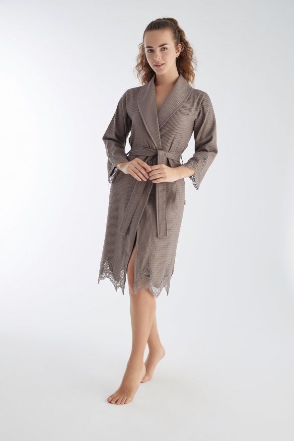 Kısa Dantelli Pike Bambu Cotton Bayan Sabahlık - 2
