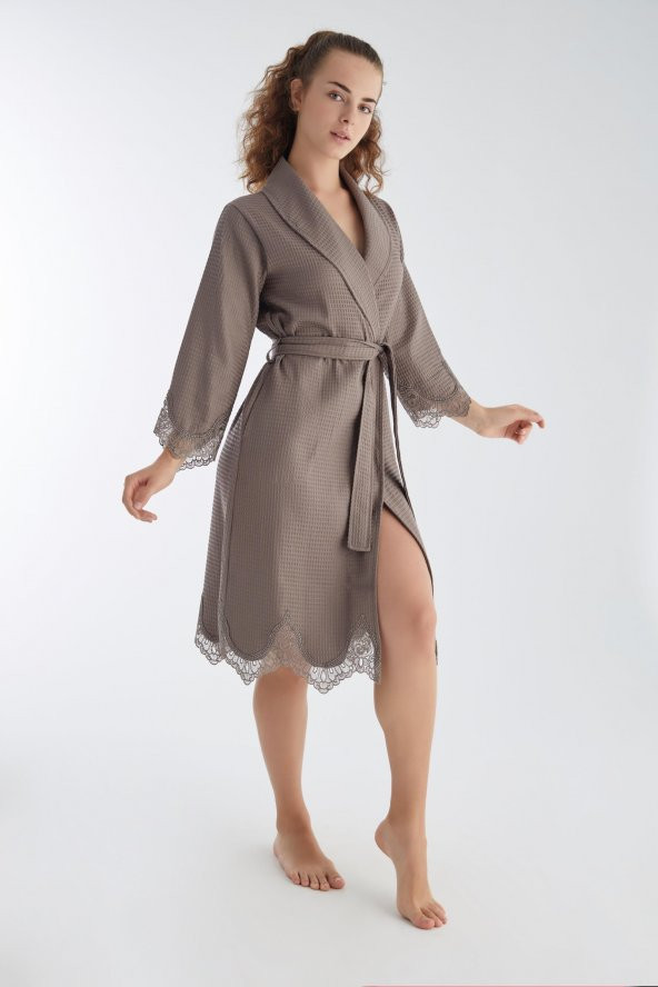 Kısa Dantelli Pike Bambu Cotton Bayan Sabahlık - 3
