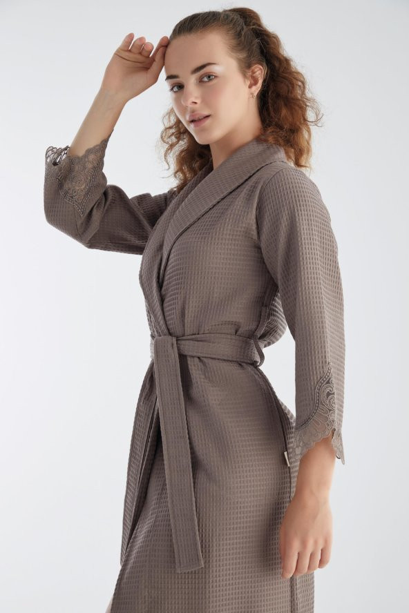 Kısa Dantelli Pike Bambu Cotton Bayan Sabahlık - 6