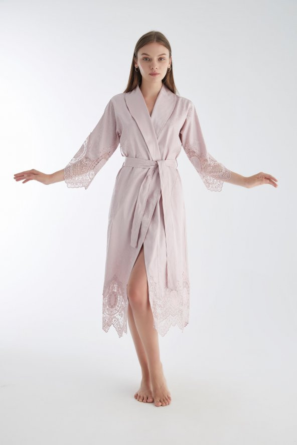 Dantelli Jakarlı Saten Bambu Cotton Bayan Sabahlık - 12