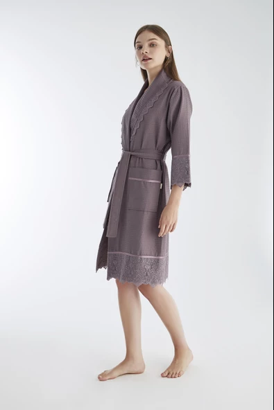 Kısa Dantelli Pike Bambu Cotton Bayan Sabahlık - 4